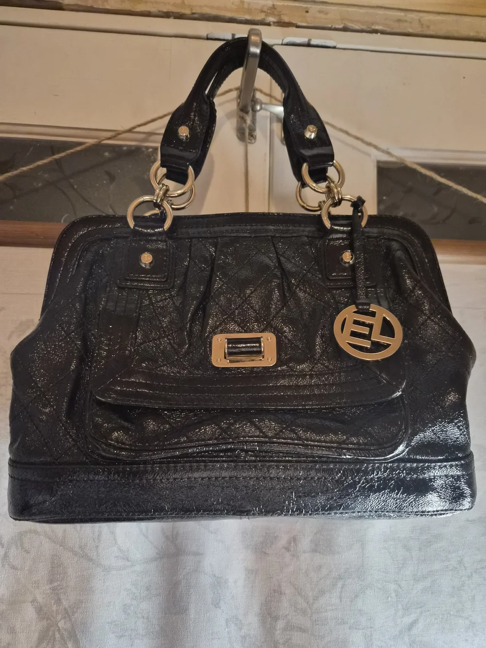 Elliott Lucca Black Patent Leather Satchel Shoulder Bag Gold Hardware EUC
